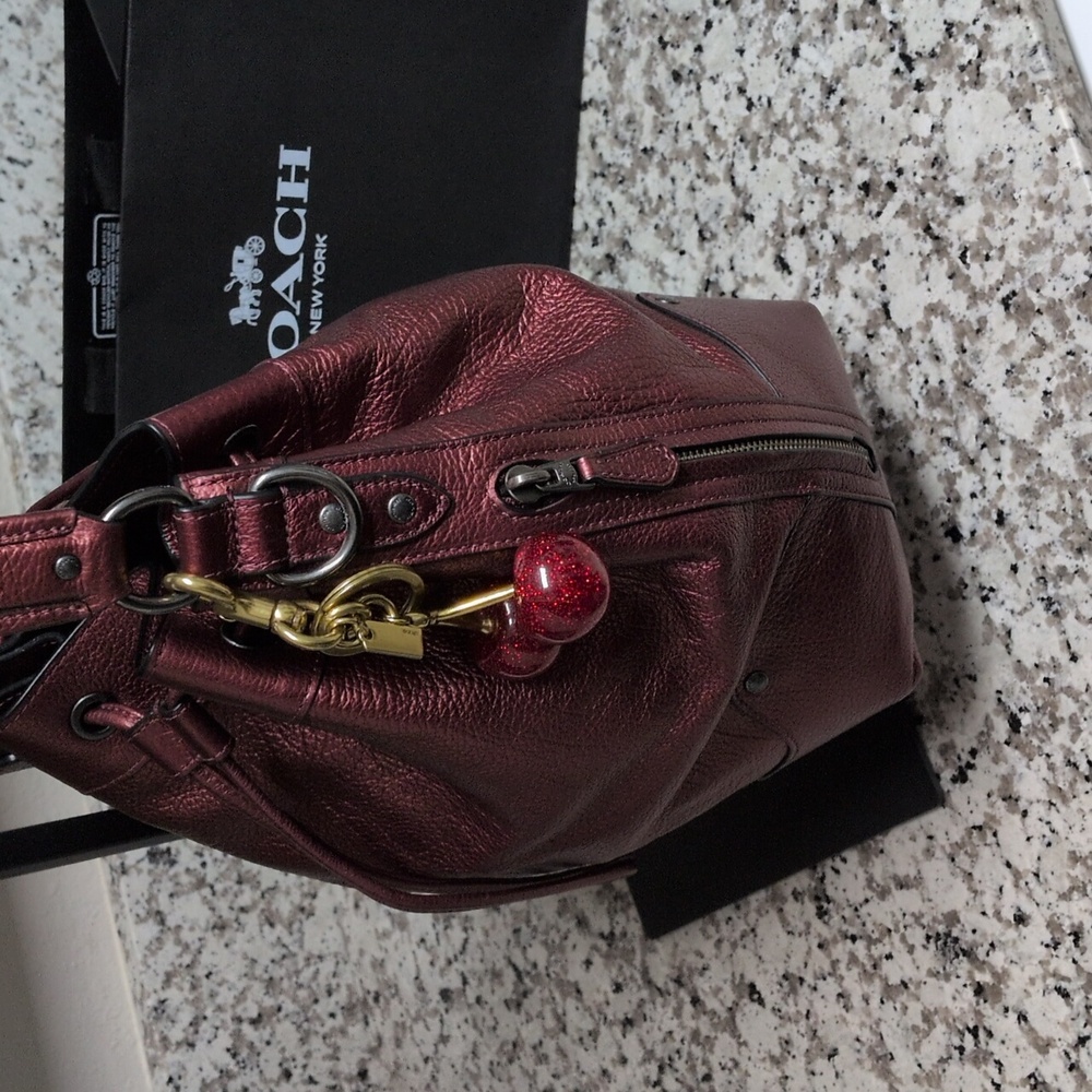 Coach SET Mickie Bag Red Metallic Pebble Leather & Signature Wristlet Wallet - Picture 9 of 17